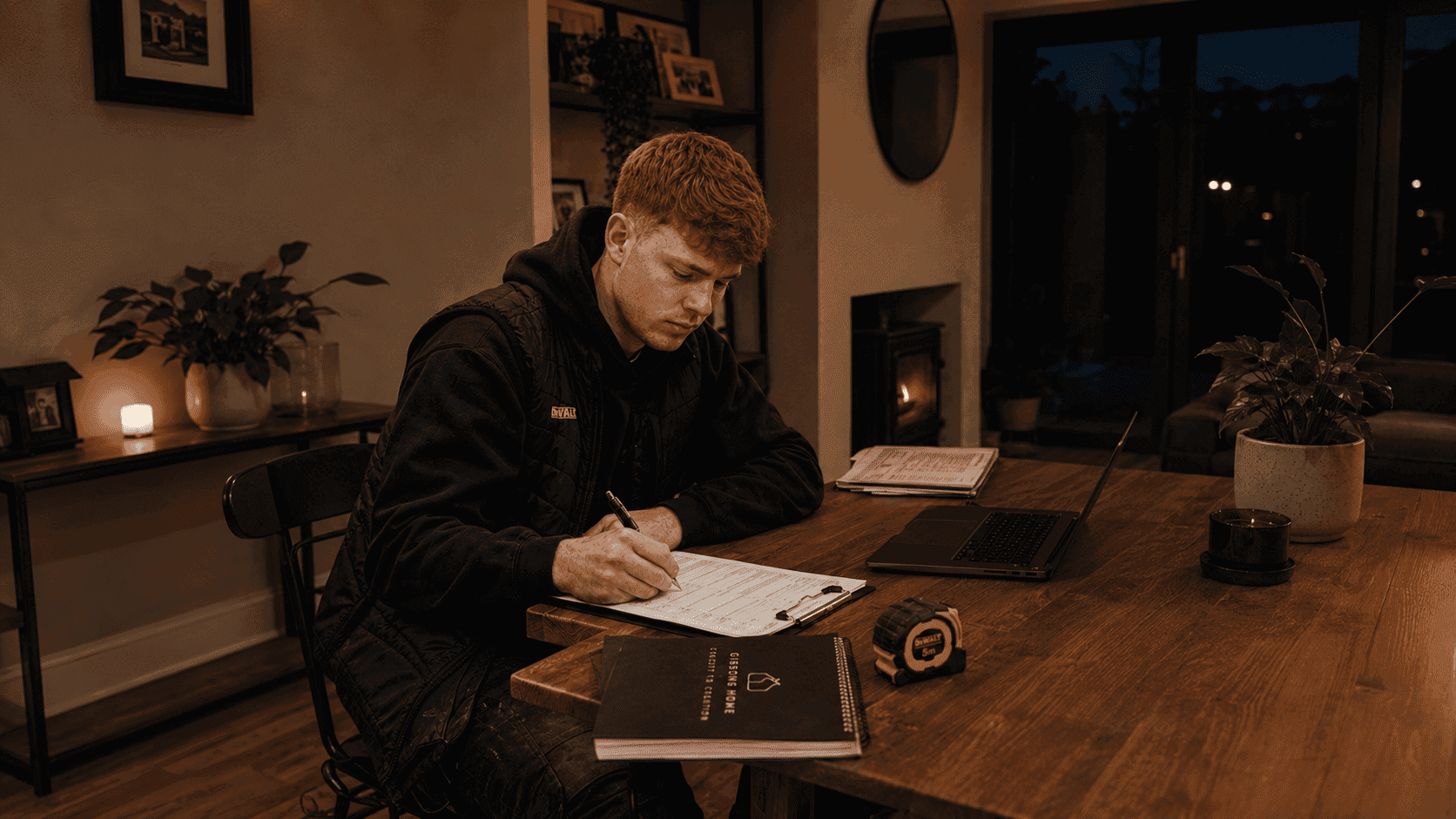 A tradesman writing a quote at his kitchen table late at night